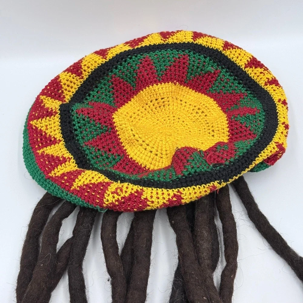 Rasta Crochet Tam Hat with Attached Dreadlocks Reggae Costume Beanie Red Yellow